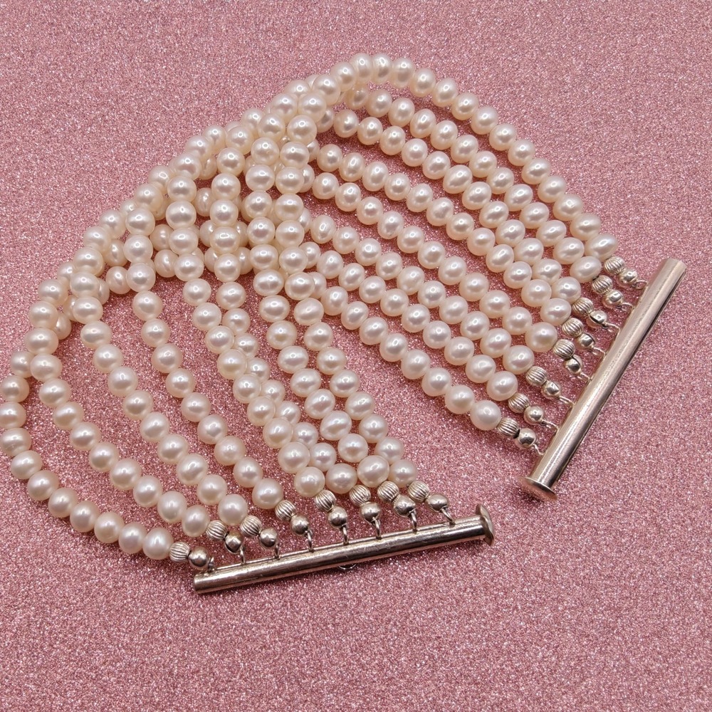 Real Pearl 8 Strand Bracelet 925 Sterling Silver Clasp Statement